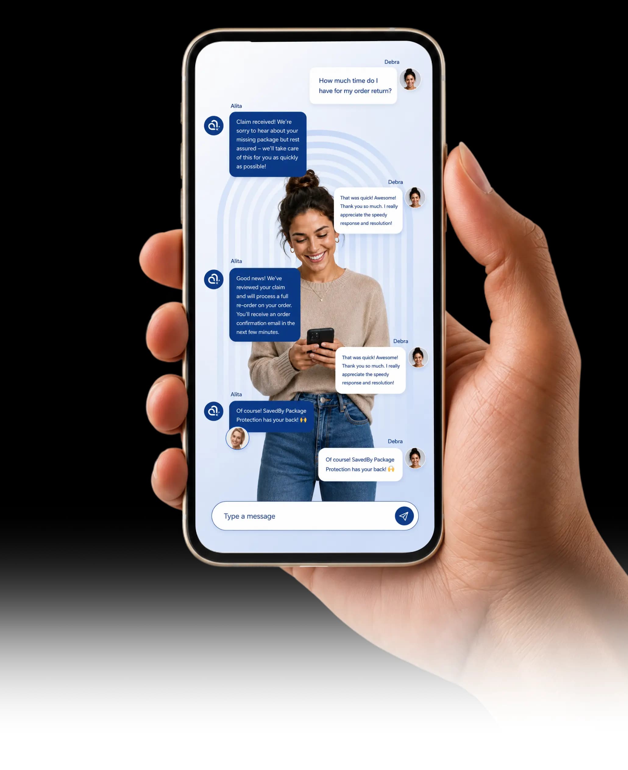 Hand holding phone with SafeShip chat